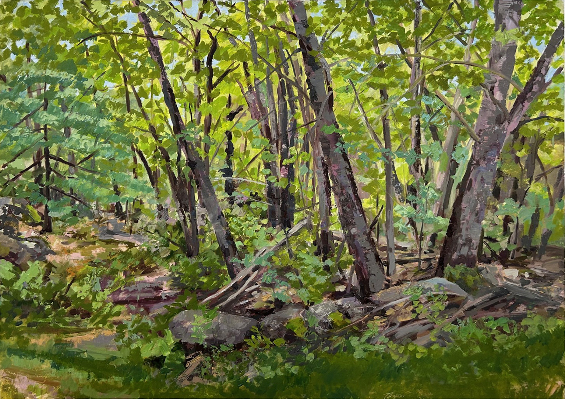 An oil painting of a forest scene