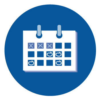 An icon of a calendar with 3 dates crossed off and 4 dates circled