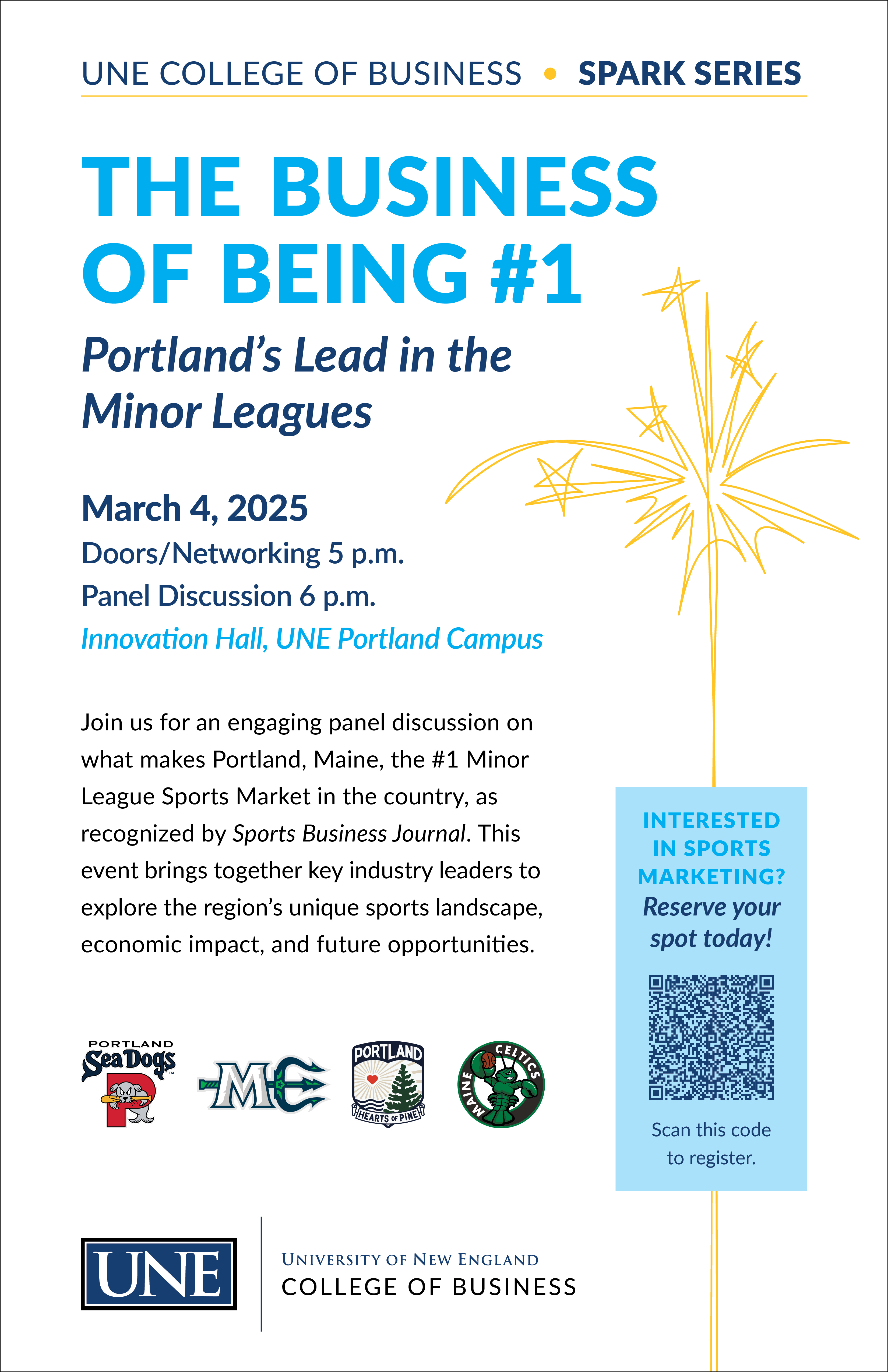 Poster for the U N E College of Business Sports Marketing event