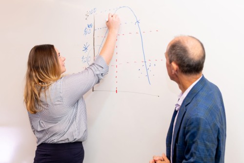 A student draws a graph on a whiteboard as a professor watches