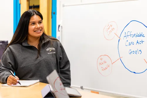 A student stands in front of a whiteboard with a mind map about Affordable Care Act goals