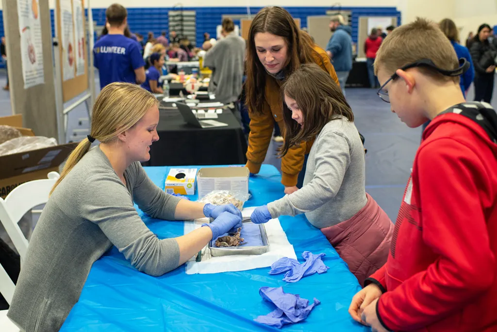 A UNE student works with kids during the CEN Brain Fair event