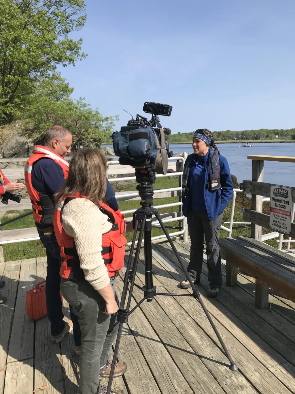 Reporter interviewing Carrie Byron