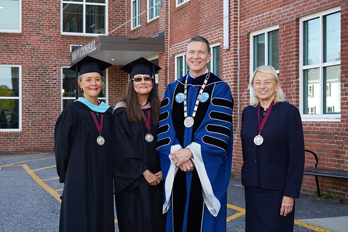 President Herbert with the 2021 Deborah Morton Society Awardees Nancy Grant, Susan Hammond, President Herbert, Janet Mills.