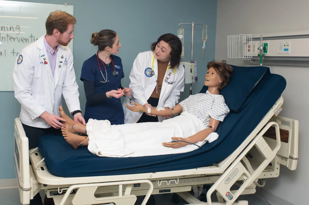 Two C O M students and a nursing student practice working together on a simulated patient