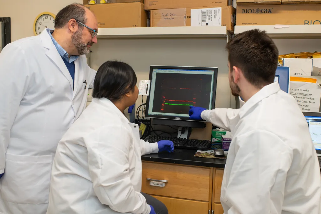 Two research assistants review a monitor with Dr. Harry Filippakis