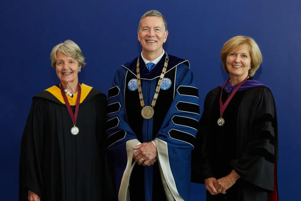 President Herbert stands with the 2024 Deb Morton recipients, Trish Riley and Andrea Cianchette Maker