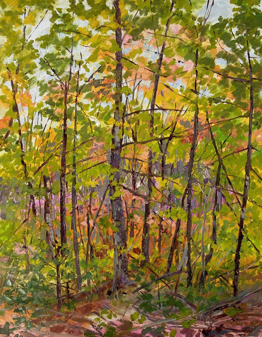 An oil painting of an autumn forest scene