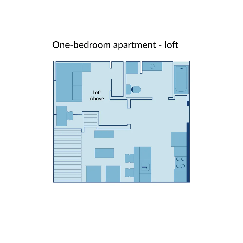 A floor plan of a one-bedroom loft apartment at Seavey Terraces