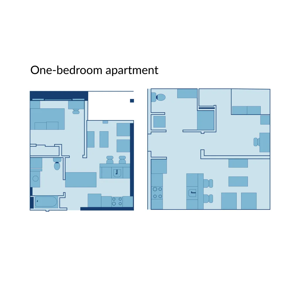 A floor plan of a one-bedroom apartment at Seavey Terraces