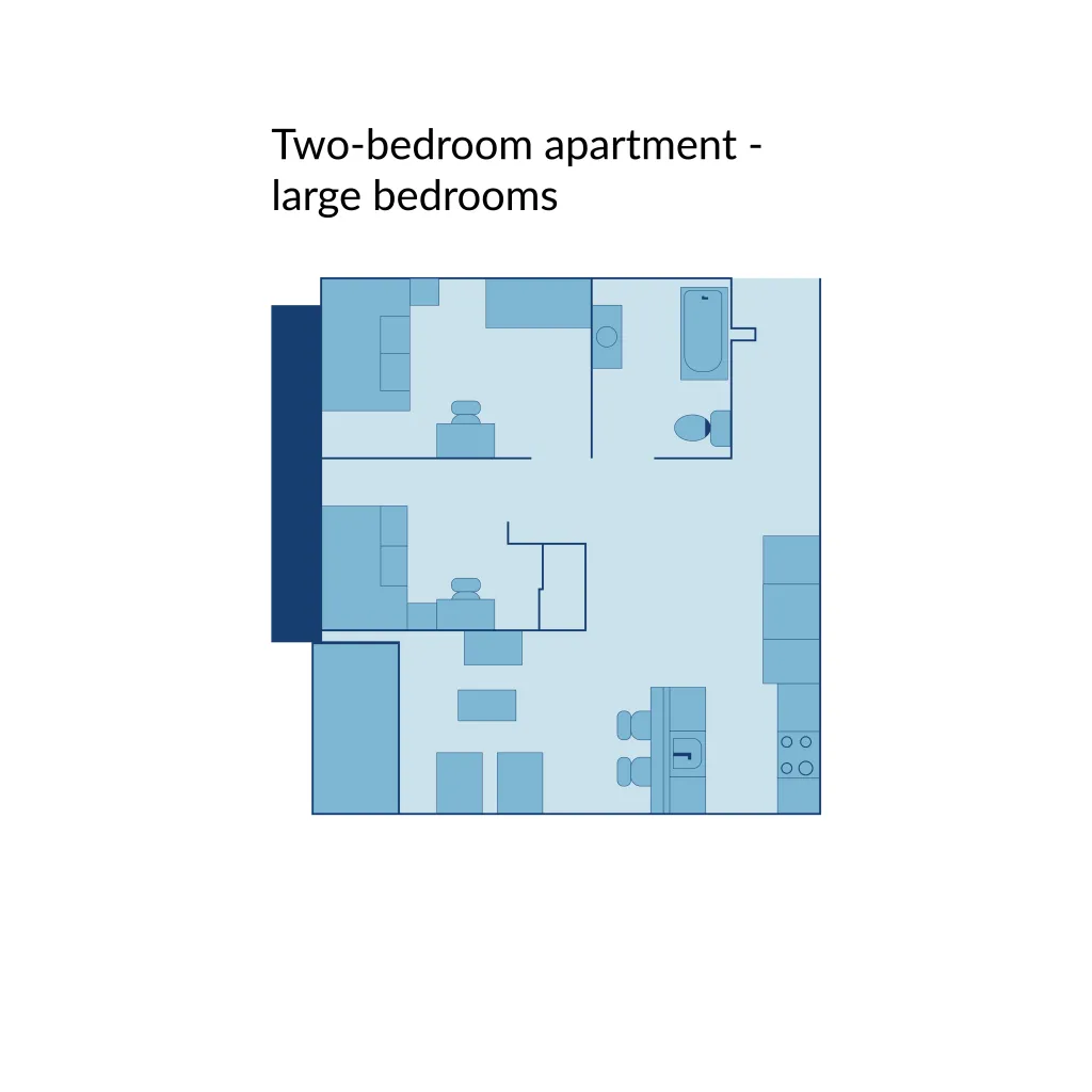 A floor plan of a two-bedroom apartment with large bedrooms at Seavey Terraces