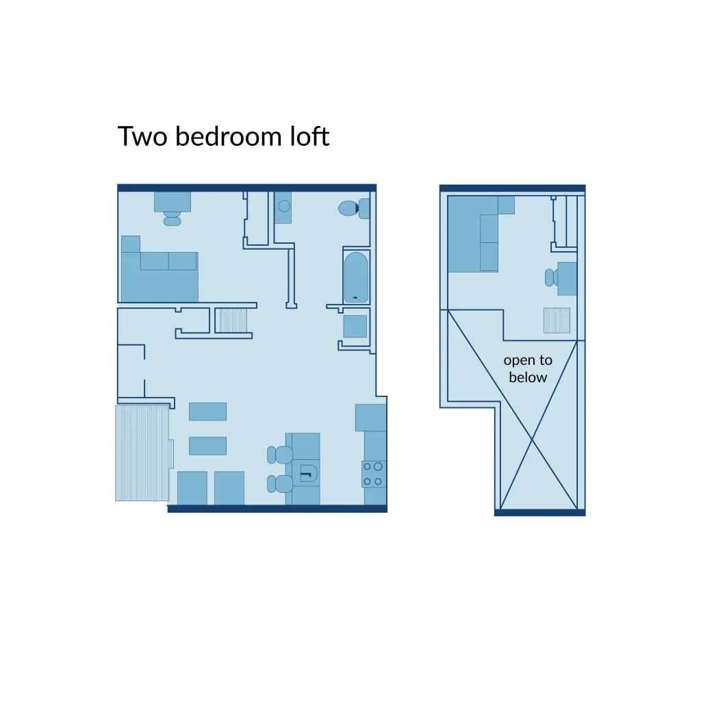 A floor plan of a two-bedroom loft apartment at Seavey Terraces