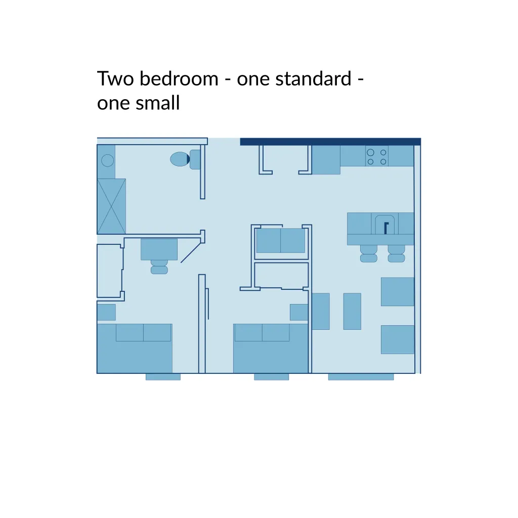 A floor plan of a two-bedroom apartment with one standard bedroom and one small bedroom at Seavey Terraces