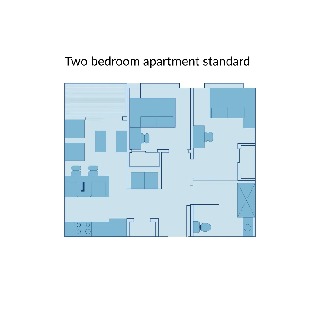 A floor plan of a two-bedroom standard apartment at Seavey Terraces