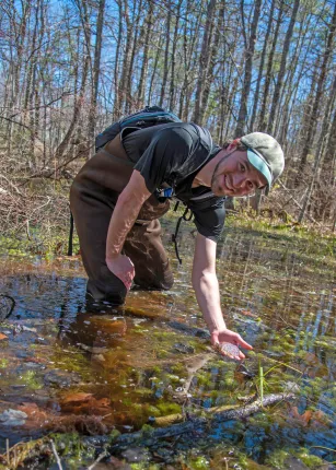 A U N E student holds a mass of frog eggs while standing in a vernal pool