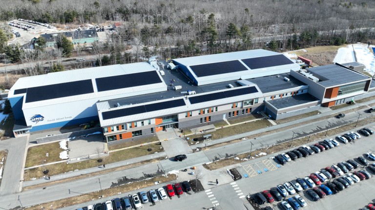 An aerial view of the Alfond Forum's solar panels