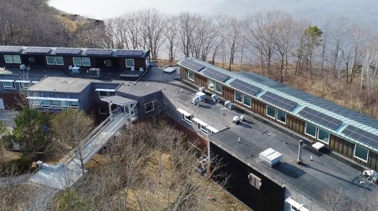 An aerial view of the solar panels on top of the Marine Science Center