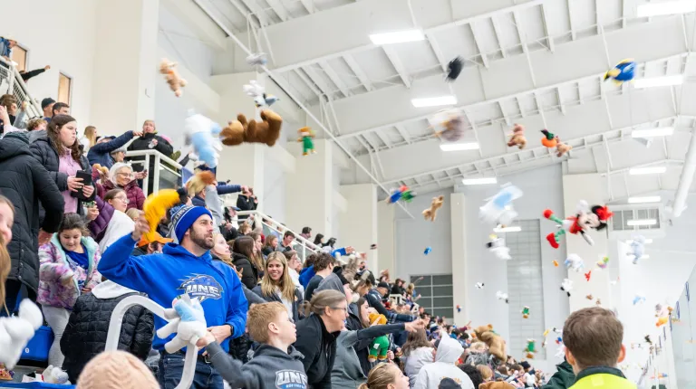 Spectators toss teddy bears onto the hockey ice