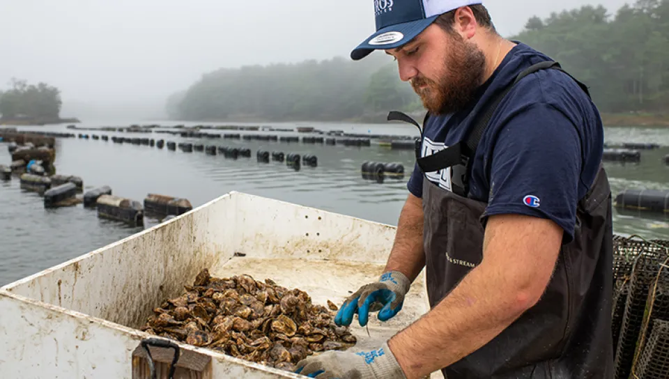 A student holding mussels