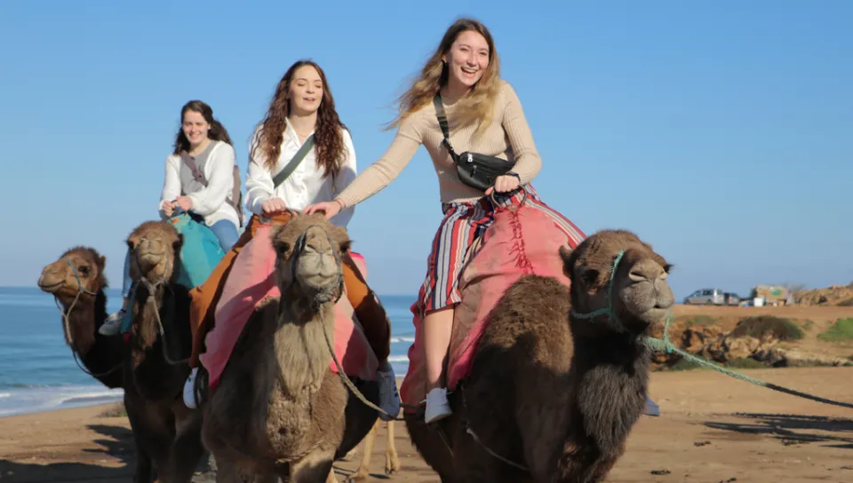 Photo of students riding camels in Morocco