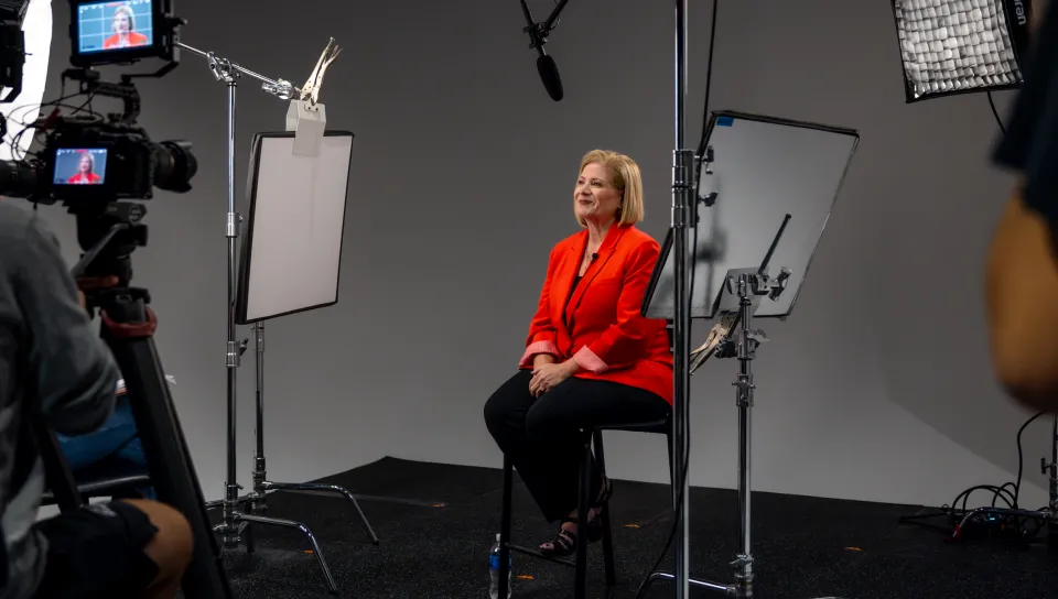 Stacia Deshishku sits for an interview by UNE students in the Nor'easter Production Studio