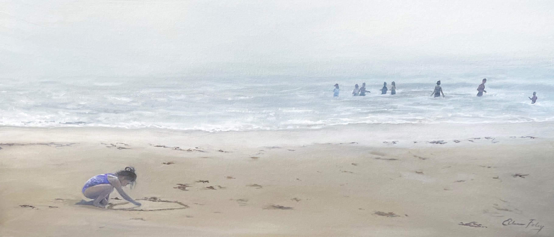 A painting, "Drawing on the Beach" by Eileen Foley, shows a young girl making shapes in the sand by the ocean