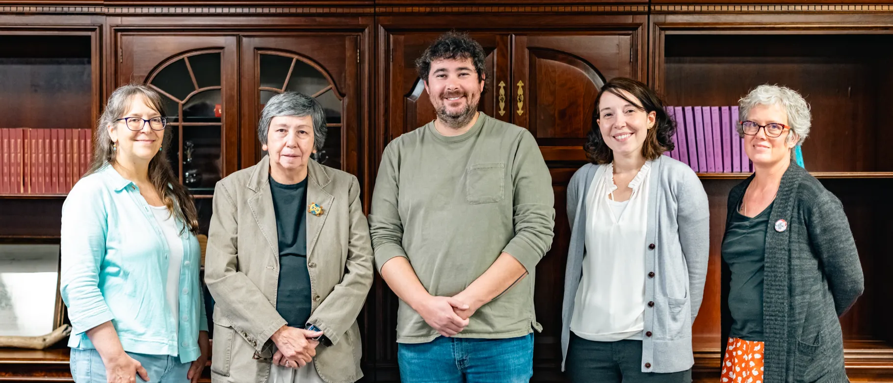 Jennifer Tuttle, Donna Loring, Morgan Talty, Sarah Baker, and Cathleen Miller pose for a photo following the lecture