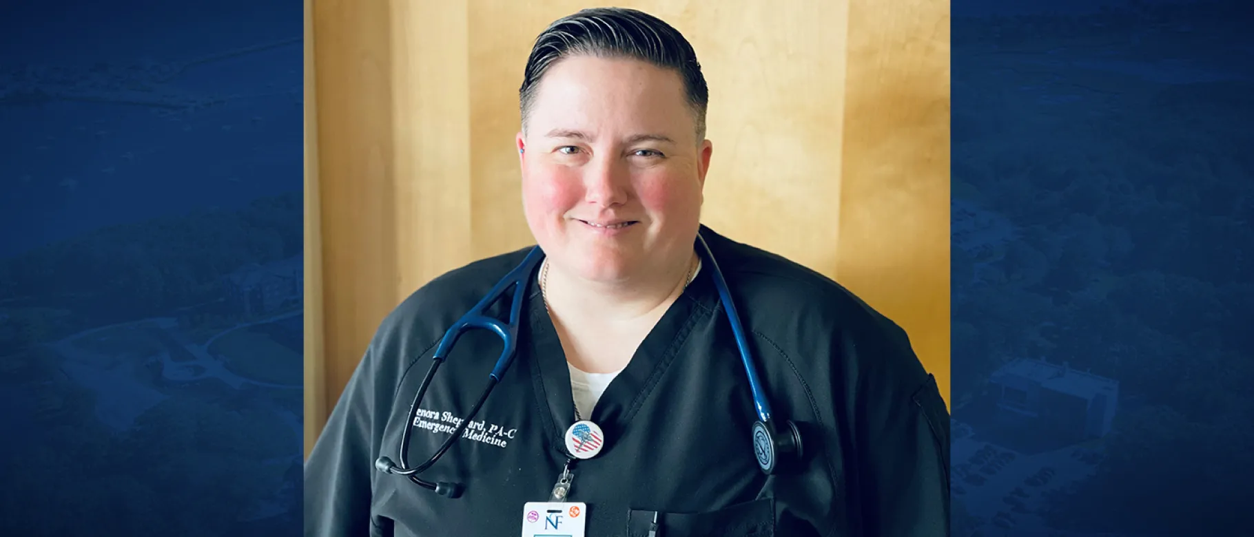 Photo of a woman in scrubs with a stethoscope, smiling, overlaid against a blue background