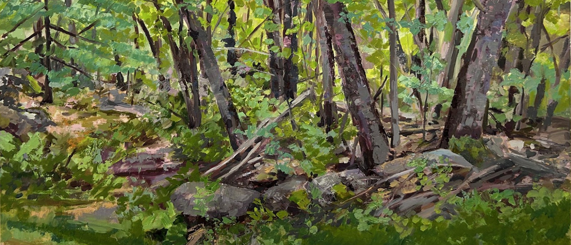 An oil painting of a forest scene