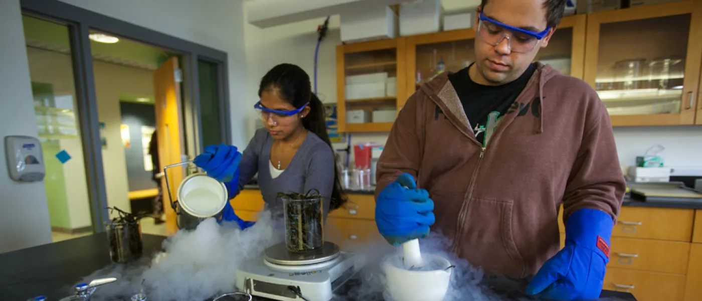 Two U N E health professions students work in a science lab