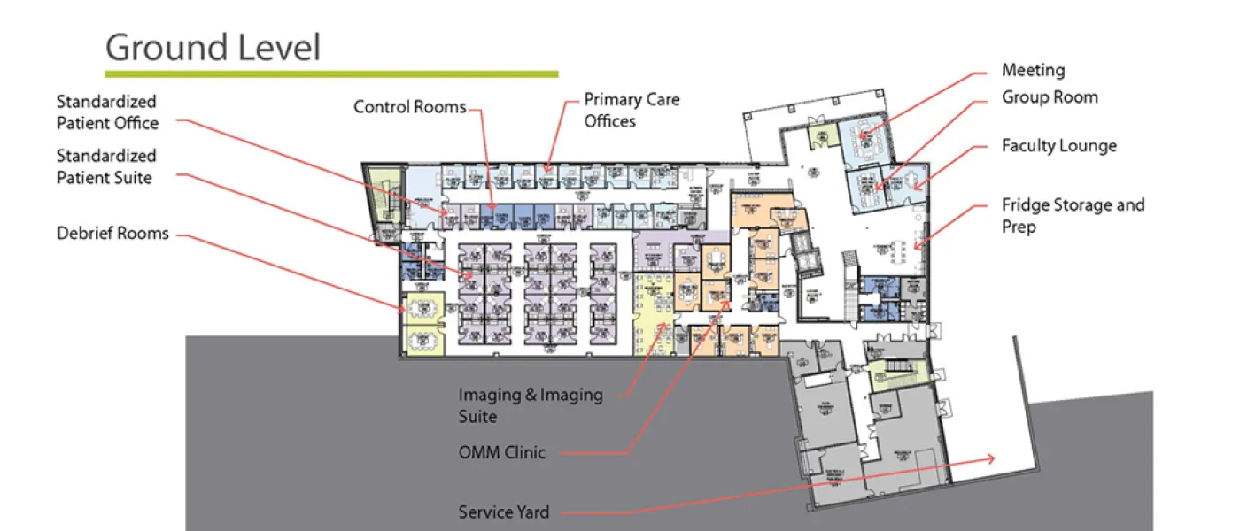 Map of the ground level for the upcoming U N E College of Osteopathic Medicine building