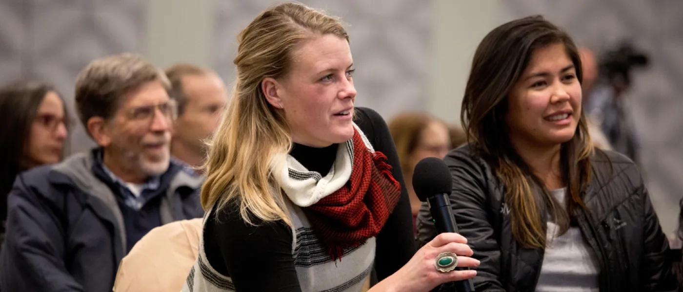 UNE staff member asking a question at the President's Forum