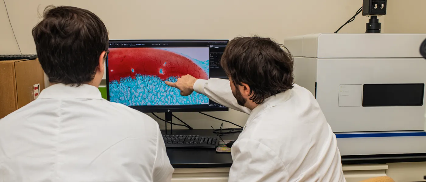 Two students review a blown up microscope image on the computer