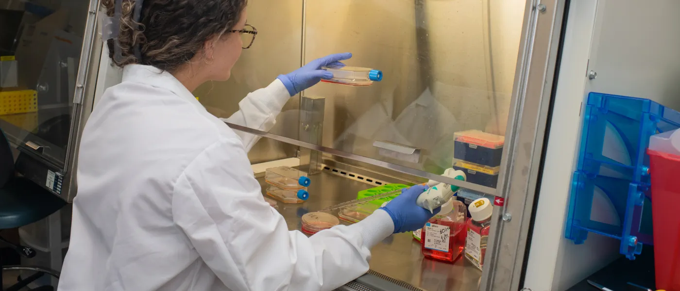 A U N E student works with lab equipment