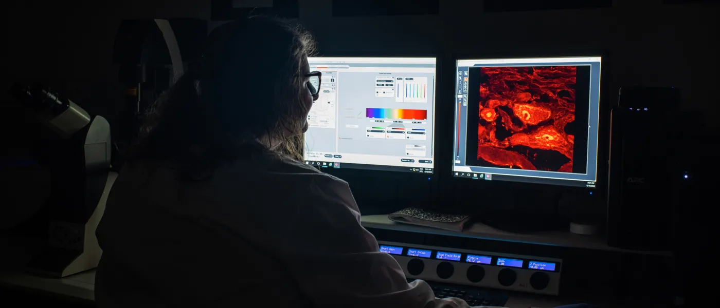 A student reviews enlarged images of bacteria on a computer