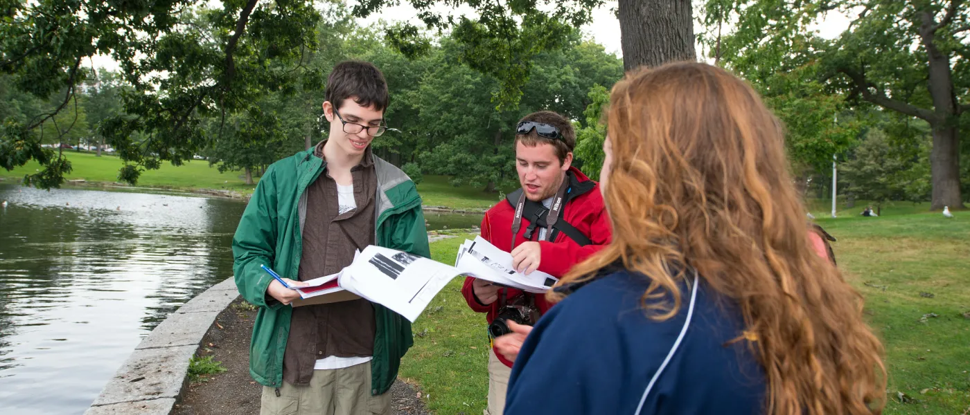 U N E students at Deering Oaks Park in Portland, Maine