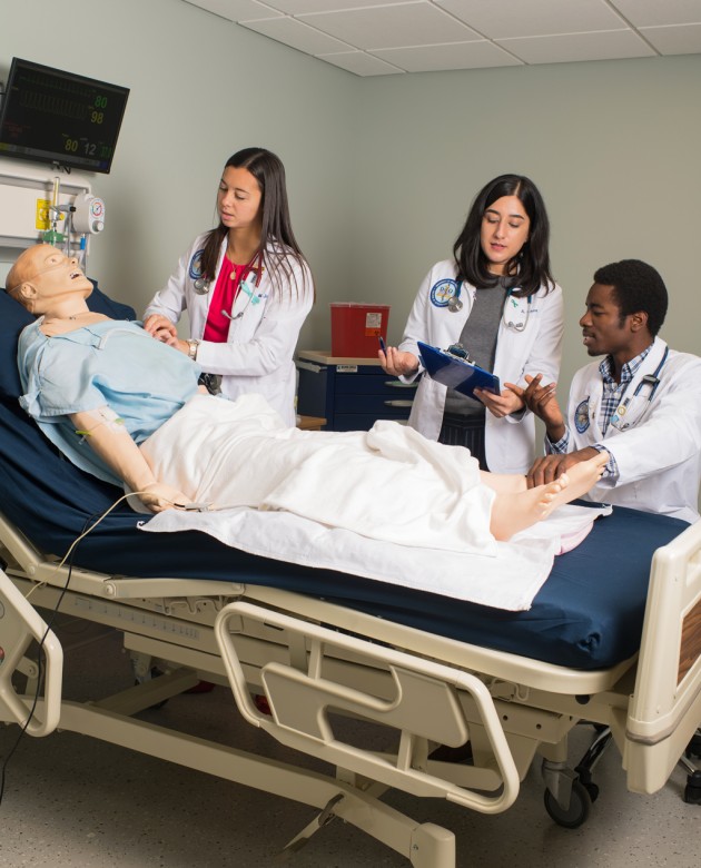 Three students from different health programs work together to diagnose a patient simulator