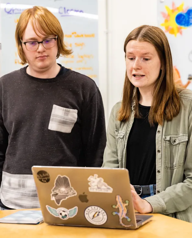 Two students review health law on a laptop