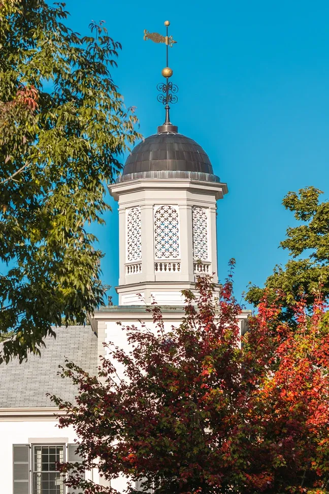 White cupola with lattice design and a weather vane on top, surrounded by trees and under a clear blue sky