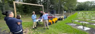 A group of students sends off a drone to monitor an orchard of American chestnut seedlings