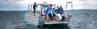 A group of students on a U N E boat retreive a white shark buoy from the ocean