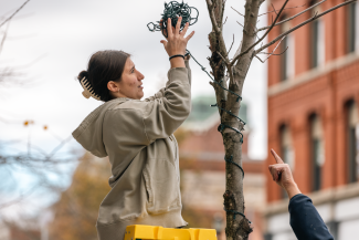 UNE students help decorate downtown Biddeford for the holidays.