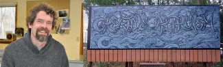 A composite image including a headshot UNE's Stephen Burt and a painting of Burt's displayed on a highway billboard