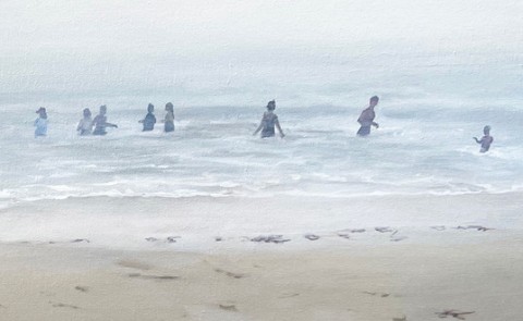 People play in the ocean at the beach in a painting by Eileen Foley