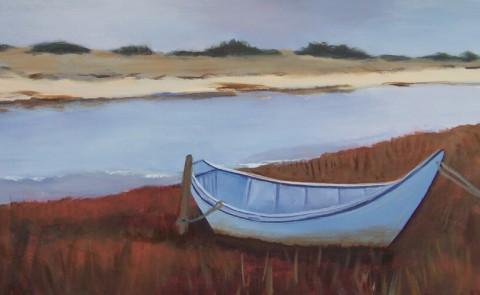 A painting of a small rowboat sitting on the shore by the water