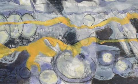 A black and gray abstract painting featuring circles, oblong shapes, and yellow streaks