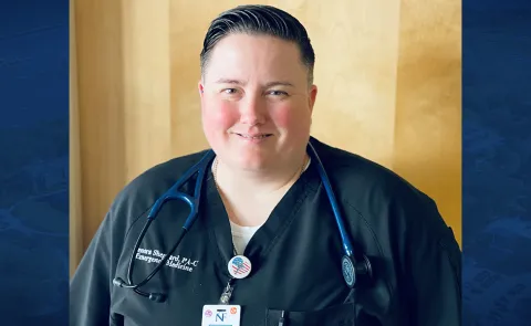 Photo of a woman in scrubs with a stethoscope, smiling, overlaid against a blue background