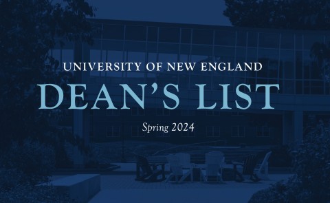 A blue graphic reads "University of New England Dean's List Spring 2024"