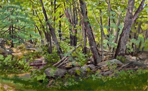 An oil painting of a forest scene