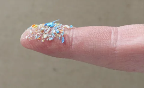 Photo showing a human finger holding small plastic fragments